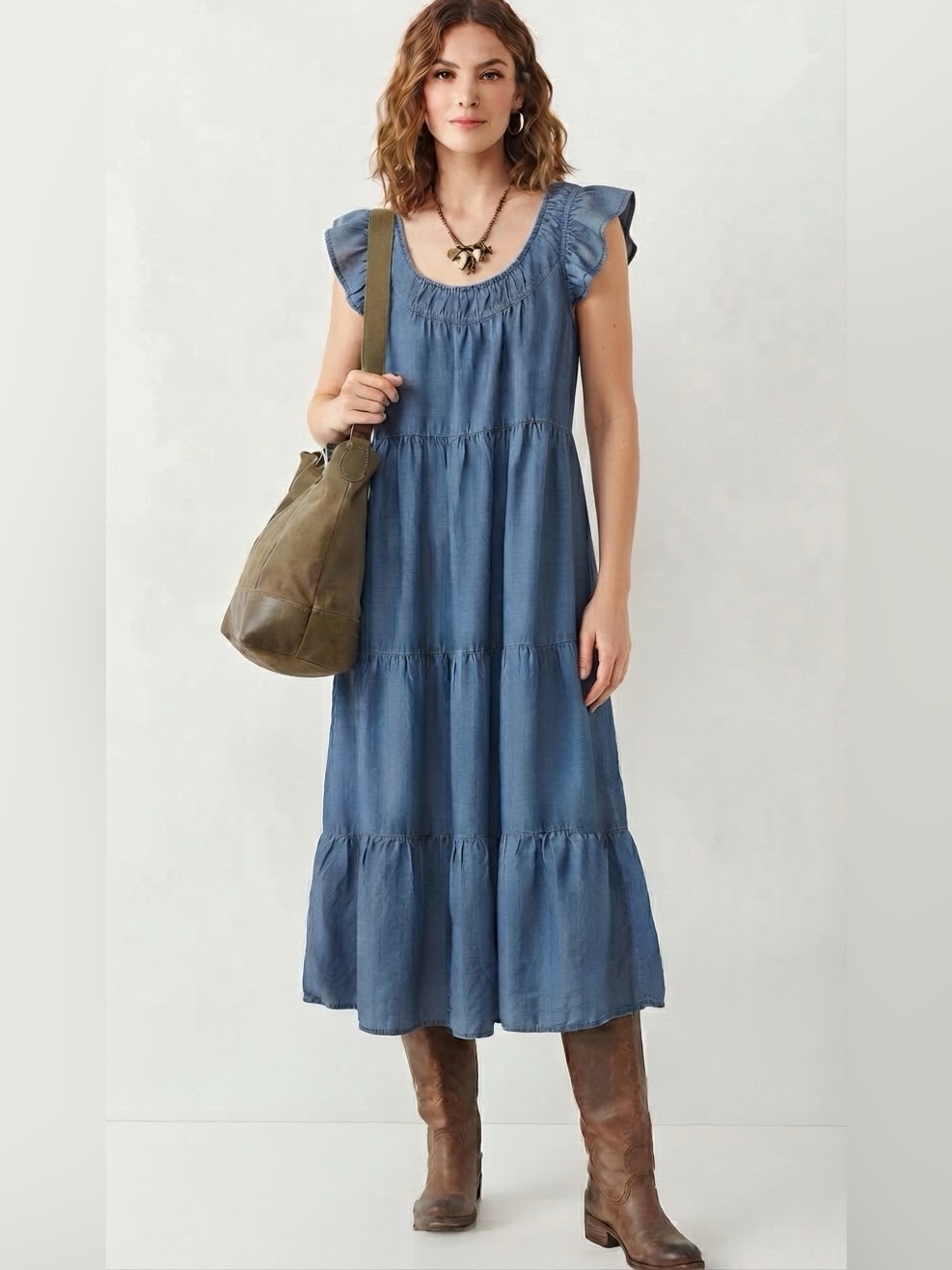 Like New Loft Denim Chambray Ruffle Sleeve Tiered Midi Dress
